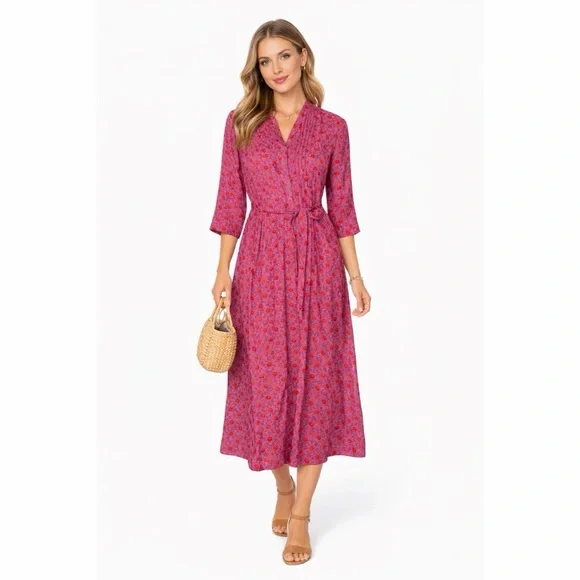 April Cornell x Vintage 90s Berry Floral Satin Prairie Button Midi Dress - Picture 1 of 10